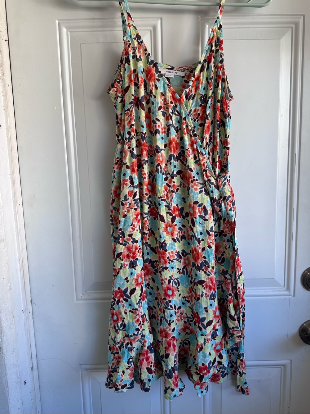 O'Neill Mint Floral Midi Wrap Dress with Coral and gray and brown Accents